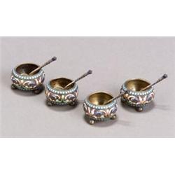 Set of Four Russian Silver and Enameled Salt Cellars and Spoons...