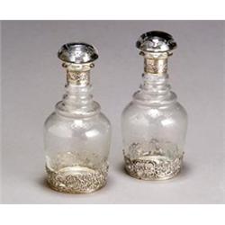Pair of German Rococo Style Silver Mounted Etched Glass Decanters...