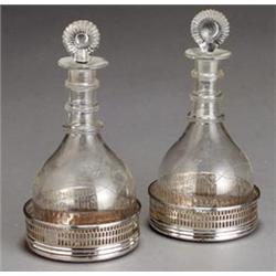 Pair of George III Silver Wine Coasters and Etched Glass Decanters...