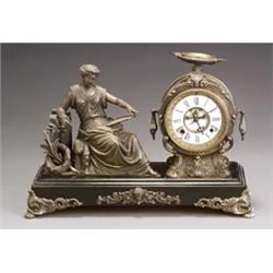 American Gilt Metal and Faux Slate Figural Mantel Clock...