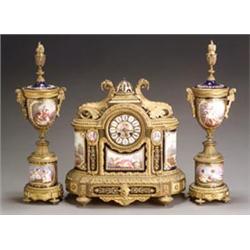 Louis XVI Style Ormolu and SÅvres-Type Three-Piece Clock Garniture...