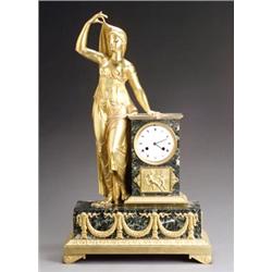 Empire Ormolu and Vert Maurin Marble Figural Mantel Clock...