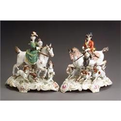 Pair of Meissen Equestrian Figural Groups...