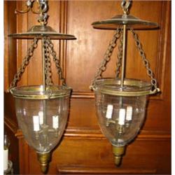 Pair of George III Style Brass and Blown Glass Three-Light Ceiling Fixtures...