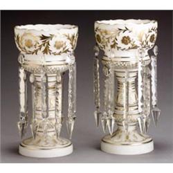 Pair of Edwardian Gilt Decorated Frosted Glass Lustres...