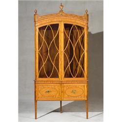 George III Style Ebonized Wood Inlaid and Decorated Satinwood Two-Part Corner Cupboard...