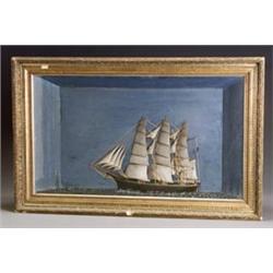 American Carved and Painted Wood Diorama of a Three-Masted Frigate...