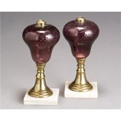 Pair of Victorian Amethyst Glass, Brass and Marble Oil Lamps...