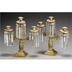 Pair of Classical Ormolu and Cut Glass Three-Light Candelabra...