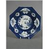 Image 1 : An early 19th century blue and white octagonal pottery dish with painted panels on a powder blue...