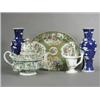 Image 1 : A pair of Chinese blue and white prunus vases, 25cm high, and an oval Canton dish with painted vi...