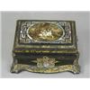 Image 1 : A Victorian papier mache tea caddy, the lid with an oval painted panel within mother of pearl ins...