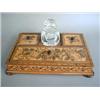 Image 1 : A 19th century Tunbridge ware desk stand with three lidded compartments and cut glass bottle, wit...