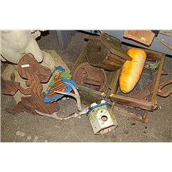 LOT OF ASSORTED WOOD ITEMS - BIRD HOUSE, SIFFERS, ORNAMENTS ETC