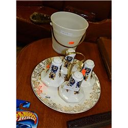 CAKE DISH, MILK GLASS BUCKET & 4 SALT SHAKERS