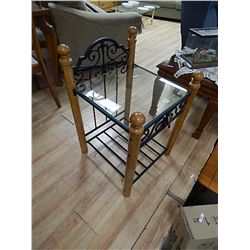 METAL AND WOOD END TABLE WITH GLASS TOP - NEW