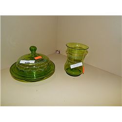 RETRO GLASSWARE - GREEN & GOLD - BOWL WITH LID & VASE