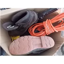 BOX HIKING SHOES, RUBBER BOOTS AND EXTENTION CORDS