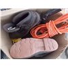 Image 1 : BOX HIKING SHOES, RUBBER BOOTS AND EXTENTION CORDS