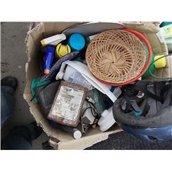 LARGE BOX OF CLEANING, BIKE HELMET ETC