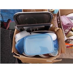 BOX OF TUPPERWARE AND DISHES