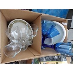 BOX OF VINTAGE DISHES AND WINE GLASSES