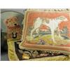Image 1 : Four cushions, three with floral designs, one of a dog, and a circular seat cover (5) Est. 40/60...