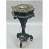 Image 1 : A Victorian papier mache work table, the lid inset with mother of pearl (hinges A/F) Est. 250/300...