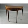 Image 1 : A George III mahogany and crossbanded demi-lune table standing on square tapering legs, 91cm wide...