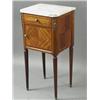 Image 1 : A French mahogany veneered pot cupboard with a marble top and gilt metal mounts, drawer and door...