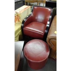 Red Leather Wood Trim Chair & Ottoman