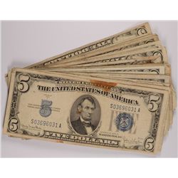 ( 30 ) U.S. $5.00 SILVER CERTIFICATES, 1953 AND OLDER, AVERAGE CIRCULATED