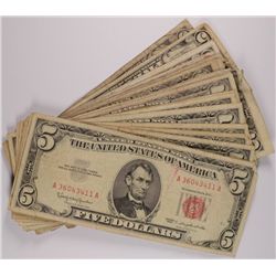 ( 30 ) U.S. $5.00 RED SEAL NOTES, 1963 AND OLDER  AVERAGE CIRCULATED