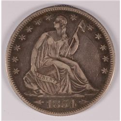 1854-O  ARROWS SEATED LIBERTY HALF DOLLAR, XF/AU