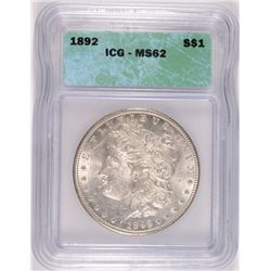 1892 MORGAN DOLLAR ICG MS 62   WHITE