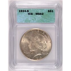 1924-S PEACE SILVER DOLLAR, ICG  MS-62  NICE!
