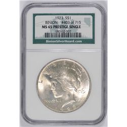 1923 PEACE DOLLAR NGC MS-65 (BINION COLLECTION) PRESTIGE SINGLE #403 OF 715