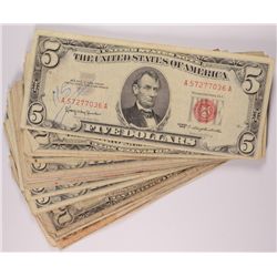 ( 30 ) U.S. $5.00 RED SEAL NOTES, 1963 AND OLDER  AVERAGE CIRCULATED