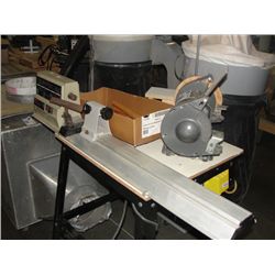 SHOP CRAFT WOOD LATHE  COMPLETE WITH TABLE, BENCH GRINDER, AND 8 WOOD TURNING CHISELS