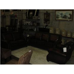 3PC 2 TONE BROWN LEATHER SOFA SET WITH RIVETED ACCENTS; SOFA, LOVESEAT AND CHAIR