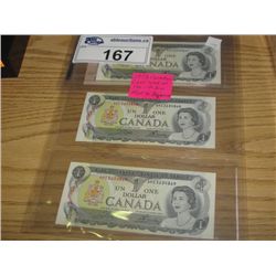 3 1973 CANADIAN LAST YEAR OF THE $1 BILL, MINT IN SEQUENCE