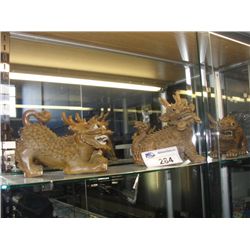 GROUP OF 3 HAND CRAFTED ORIENTAL CLAY DECORATIVE DOG FIGURINES