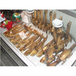 LOT OF ASSORTED WOOD CRAFTED ALLIGATORS, GIRAFFES, HAND MADE DOLL AND A CUSTOM PAINTED TRADITIONAL