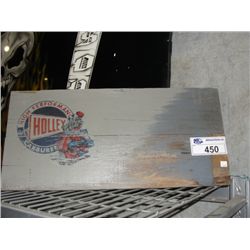VINTAGE WOODEN CRATE TOP WITH CUSTOM PAINTED HOLLY HIGH PERFORMANCE CARBORATORS LOGO