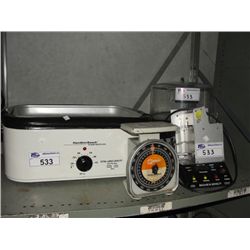 SHELF LOT OF RESTAURANT EQUIPMENT; HAMILTON BEACH ROASTER, PEDESTAL CAKE PLATE, SMALL SCALE AND