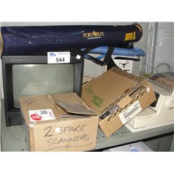 SHELF LOT OF ASSORTED MISC ITEMS; PORTABLE PRESENTATION SET, COLOUR MONITOR, OFFICE SUPPLIES, ETC