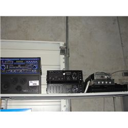 SHELF LOT OF ASSORTED ELECTRONICS; KARAOKE PLAYERS, AMPLIFIERS, ETC