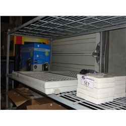 SHELF LOT OF MISC; PAPER SHREDDER, STAIRWAY GATE, LOT OF DIGITAL STOP WATCHES