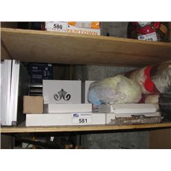 SHELF LOT OF MISC ITEMS; SERVING PLATES, 3 BAGS OF KNITTING WOOL ETC