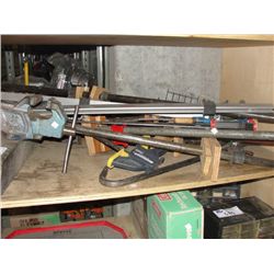 SHELF FILLED WITH ASSORTED FURNITURE BAR CLAMPS, VICES, ETC